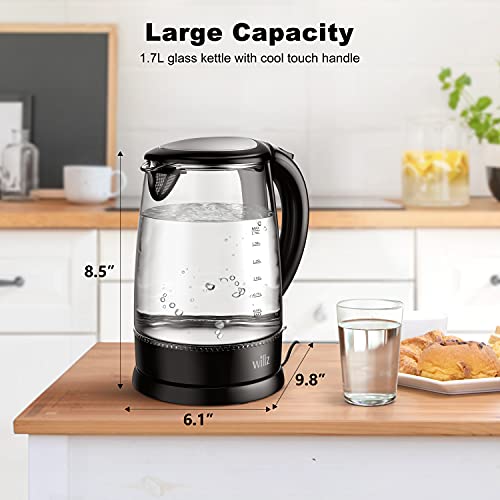 Willz Electric Glass Kettle with Heat Resistant Handle and Cordless Pour, Quick Boil & Auto Shut-Off Technology, Blue Boil Light, 1.7L, 1500 W, Black - My Kitchen Products