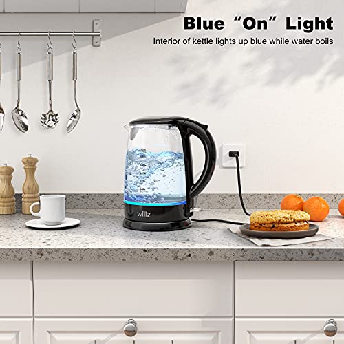 Willz Electric Glass Kettle with Heat Resistant Handle and Cordless Pour, Quick Boil & Auto Shut-Off Technology, Blue Boil Light, 1.7L, 1500 W, Black - My Kitchen Products