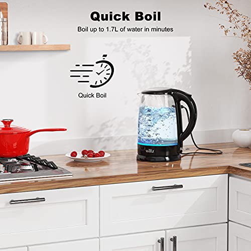 Willz Electric Glass Kettle with Heat Resistant Handle and Cordless Pour, Quick Boil & Auto Shut-Off Technology, Blue Boil Light, 1.7L, 1500 W, Black - My Kitchen Products