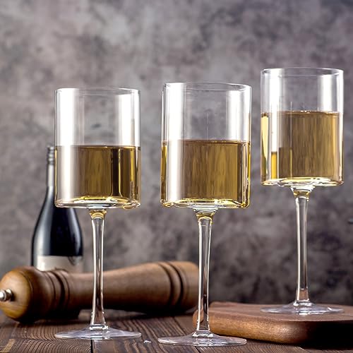 Wine Glasses Set of 4 - Hand Blown wine glass 15oz in Gift Packaging - Large White Wine Glass on Long Stem - Unique Modern Shape - For Wedding, Anniversary, Father’s Day - My Kitchen Products