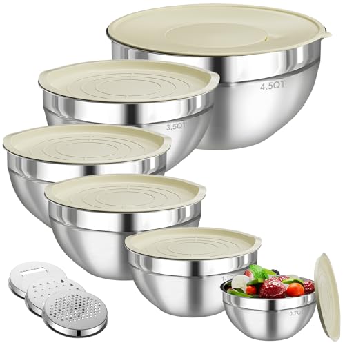 Winproper Mixing Bowls with Lids Set, 6 PCS Stainless Steel Mixing Bowls with 3 Grater Attachments, Kitchen Food Storage Organizers Nesting Mixing Bowl, Large Size 4.5, 3.5, 2.1, 1.5, 1.1, 0.7QT - My Kitchen Products