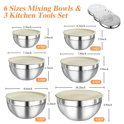 Winproper Mixing Bowls with Lids Set, 6 PCS Stainless Steel Mixing Bowls with 3 Grater Attachments, Kitchen Food Storage Organizers Nesting Mixing Bowl, Large Size 4.5, 3.5, 2.1, 1.5, 1.1, 0.7QT - My Kitchen Products