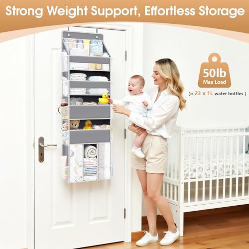 WISELIFE 5-Tier Over the Door Organizer for Hanging - 50LB Heavy-Duty Back of Door Organizer with 5 Spacious Pockets & 13 Mesh Pockets, Multipurpose Storage for Nursery, Bedroom, Closet(1 Pack, Gray) - My Kitchen Products