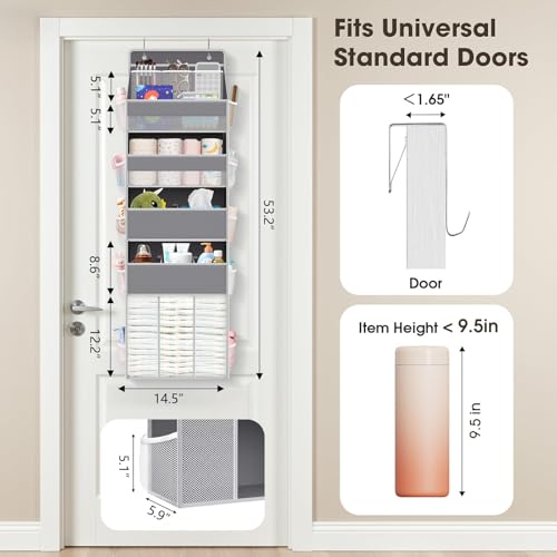 WISELIFE 5-Tier Over the Door Organizer for Hanging - 50LB Heavy-Duty Back of Door Organizer with 5 Spacious Pockets & 13 Mesh Pockets, Multipurpose Storage for Nursery, Bedroom, Closet(1 Pack, Gray) - My Kitchen Products