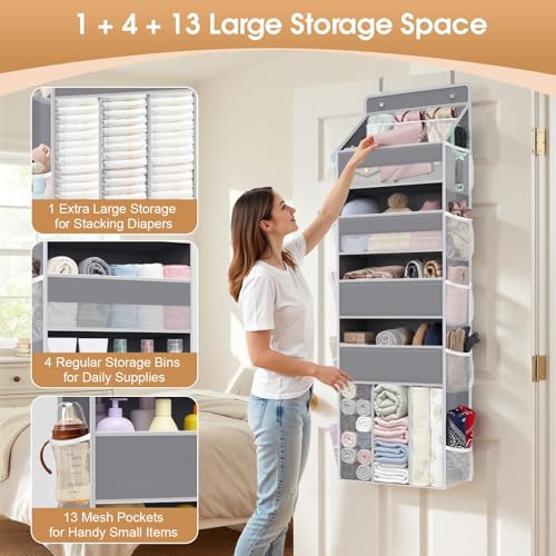 WISELIFE 5-Tier Over the Door Organizer for Hanging - 50LB Heavy-Duty Back of Door Organizer with 5 Spacious Pockets & 13 Mesh Pockets, Multipurpose Storage for Nursery, Bedroom, Closet(1 Pack, Gray) - My Kitchen Products