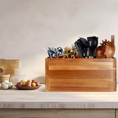 Wooden Kitchen Utensil Holder Organizer for Counter or Countertop, Large Wooden Utensil Holder for Storage Cooking and Silverware with 4 Compartment, Acacia Rustic Wood Container Extra Large - My Kitchen Products
