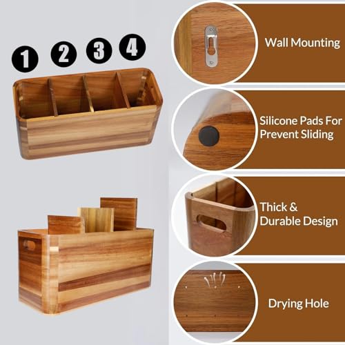 Wooden Kitchen Utensil Holder Organizer for Counter or Countertop, Large Wooden Utensil Holder for Storage Cooking and Silverware with 4 Compartment, Acacia Rustic Wood Container Extra Large - My Kitchen Products