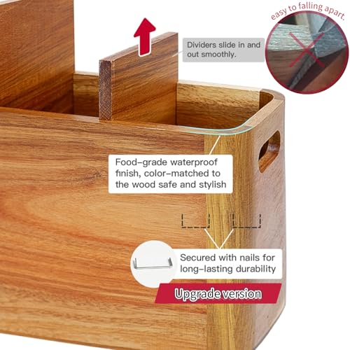 Wooden Kitchen Utensil Holder Organizer for Counter or Countertop, Large Wooden Utensil Holder for Storage Cooking and Silverware with 4 Compartment, Acacia Rustic Wood Container Extra Large - My Kitchen Products