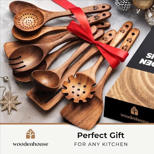 Wooden Spoons for Cooking – 10 Pcs Teak Wood Utensil Set, Durable, Nonstick Safe & Heat Resistant with Ergonomic Handles - My Kitchen Products