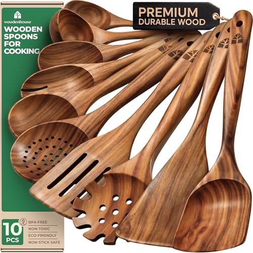 Wooden Spoons for Cooking – 10 Pcs Teak Wood Utensil Set, Durable, Nonstick Safe & Heat Resistant with Ergonomic Handles - My Kitchen Products