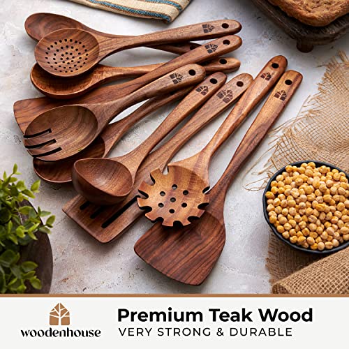 Wooden Spoons for Cooking – 10 Pcs Teak Wood Utensil Set, Durable, Nonstick Safe & Heat Resistant with Ergonomic Handles - My Kitchen Products