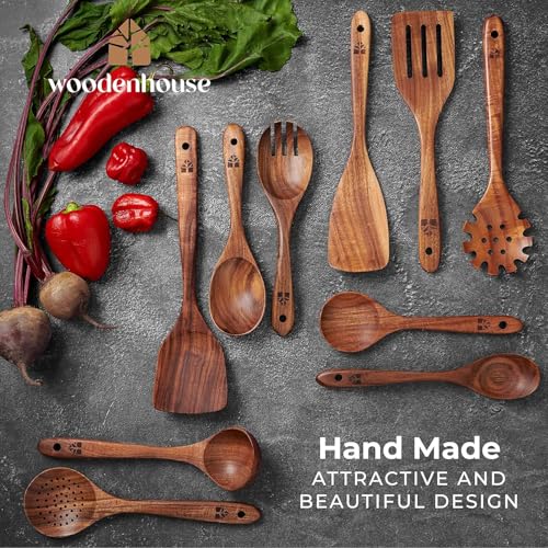 Wooden Spoons for Cooking – 10 Pcs Teak Wood Utensil Set, Durable, Nonstick Safe & Heat Resistant with Ergonomic Handles - My Kitchen Products