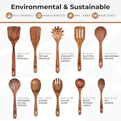 Wooden Spoons for Cooking – 10 Pcs Teak Wood Utensil Set, Durable, Nonstick Safe & Heat Resistant with Ergonomic Handles - My Kitchen Products