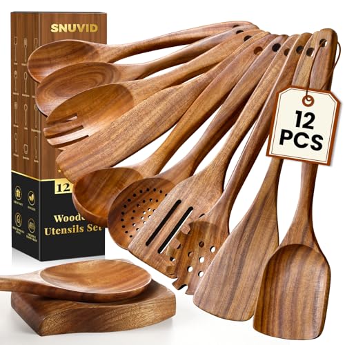 Wooden Spoons for Cooking, 12 Pcs Teak Wood Kitchen Utensils Set with Spoon Rest - Nonstick Heat Resistant Wooden Cooking Utensils, Natural Healthy Spatula Set for Pots and Pans - My Kitchen Products