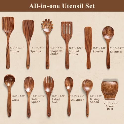 Wooden Spoons for Cooking, 12 Pcs Teak Wood Kitchen Utensils Set with Spoon Rest - Nonstick Heat Resistant Wooden Cooking Utensils, Natural Healthy Spatula Set for Pots and Pans - My Kitchen Products