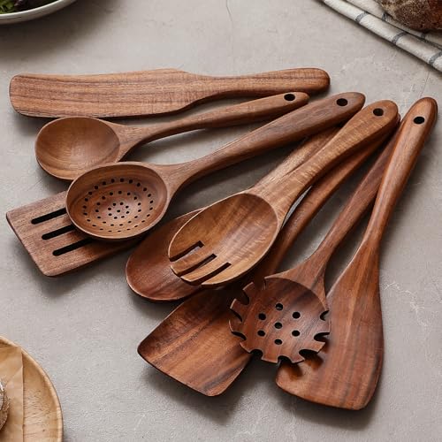 Wooden Spoons for Cooking, 12 Pcs Teak Wood Kitchen Utensils Set with Spoon Rest - Nonstick Heat Resistant Wooden Cooking Utensils, Natural Healthy Spatula Set for Pots and Pans - My Kitchen Products