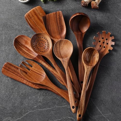 Wooden Spoons for Cooking, 12 Pcs Teak Wood Kitchen Utensils Set with Spoon Rest - Nonstick Heat Resistant Wooden Cooking Utensils, Natural Healthy Spatula Set for Pots and Pans - My Kitchen Products