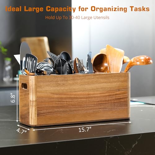 Wooden Utensil Holder for Kitchen Counter, Extra Large Utensil Holder with 4 Compartments for Cooking and Silverware, Kitchen Utensil Organizer Acacia Wood Rustic Kitchen Decor (Brown, 4 Compartment) - My Kitchen Products