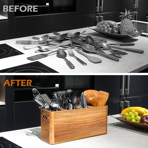 Wooden Utensil Holder for Kitchen Counter, Extra Large Utensil Holder with 4 Compartments for Cooking and Silverware, Kitchen Utensil Organizer Acacia Wood Rustic Kitchen Decor (Brown, 4 Compartment) - My Kitchen Products