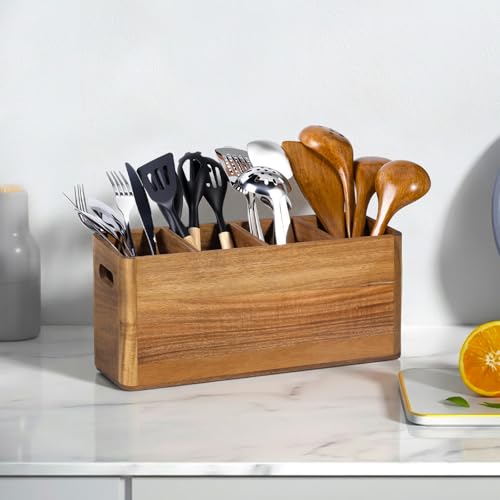 Wooden Utensil Holder for Kitchen Counter, Extra Large Utensil Holder with 4 Compartments for Cooking and Silverware, Kitchen Utensil Organizer Acacia Wood Rustic Kitchen Decor (Brown, 4 Compartment) - My Kitchen Products