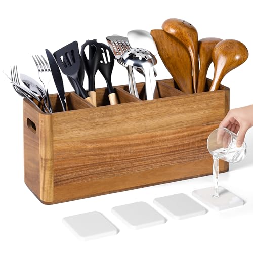 Wooden Utensil Holder for Kitchen Counter, Extra Large Utensil Holder with 4 Compartments for Cooking and Silverware
