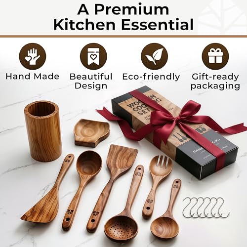 Wooden Utensil Set 8 Pcs – Sturdy & Easy to Clean, Natural Teak Wooden Spoons for Cooking – Non-Scratch Cooking Utensils with Spatula, Turner, Ladle, Spoons, Skimmer, Holder, Spoon Rest & 6 Hooks - My Kitchen Products