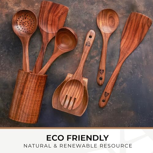 Wooden Utensil Set 8 Pcs – Sturdy & Easy to Clean, Natural Teak Wooden Spoons for Cooking – Non-Scratch Cooking Utensils with Spatula, Turner, Ladle, Spoons, Skimmer, Holder, Spoon Rest & 6 Hooks - My Kitchen Products
