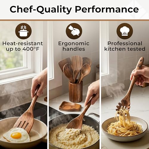 Wooden Utensil Set 8 Pcs – Sturdy & Easy to Clean, Natural Teak Wooden Spoons for Cooking – Non-Scratch Cooking Utensils with Spatula, Turner, Ladle, Spoons, Skimmer, Holder, Spoon Rest & 6 Hooks - My Kitchen Products