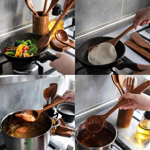 Wooden Utensil Set 8 Pcs – Sturdy & Easy to Clean, Natural Teak Wooden Spoons for Cooking – Non-Scratch Cooking Utensils with Spatula, Turner, Ladle, Spoons, Skimmer, Holder, Spoon Rest & 6 Hooks - My Kitchen Products