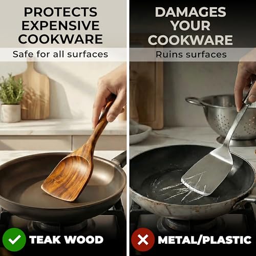 Wooden Utensil Set 8 Pcs – Sturdy & Easy to Clean, Natural Teak Wooden Spoons for Cooking – Non-Scratch Cooking Utensils with Spatula, Turner, Ladle, Spoons, Skimmer, Holder, Spoon Rest & 6 Hooks - My Kitchen Products