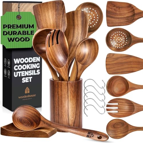 Wooden Utensil Set 8 Pcs - Sturdy & Easy to Clean, Natural Teak Wooden Spoons for Cooking - Non-Scratch Cooking Utensils