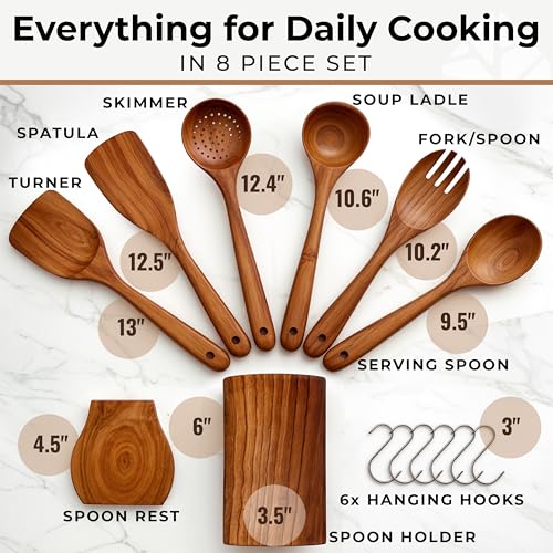 Wooden Utensil Set 8 Pcs – Sturdy & Easy to Clean, Natural Teak Wooden Spoons for Cooking – Non-Scratch Cooking Utensils with Spatula, Turner, Ladle, Spoons, Skimmer, Holder, Spoon Rest & 6 Hooks - My Kitchen Products