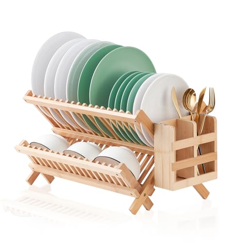 Worthyeah Bamboo Dish Drying Rack, 2 Tier Collapsible Dish Rack with Utensil Holder, Wooden Dish Drying Rack for Kitchen Counter, Large Folding Drying Holder, Dish Drainer 34 pcs Grid - My Kitchen Products
