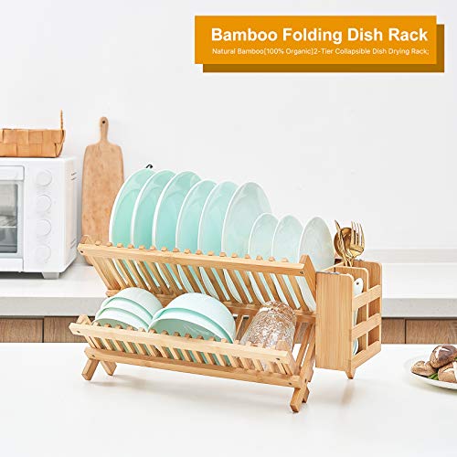 Worthyeah Bamboo Dish Drying Rack, 2 Tier Collapsible Dish Rack with Utensil Holder, Wooden Dish Drying Rack for Kitchen Counter, Large Folding Drying Holder, Dish Drainer 34 pcs Grid - My Kitchen Products