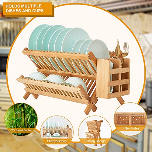 Worthyeah Bamboo Dish Drying Rack, 2 Tier Collapsible Dish Rack with Utensil Holder, Wooden Dish Drying Rack for Kitchen Counter, Large Folding Drying Holder, Dish Drainer 34 pcs Grid - My Kitchen Products