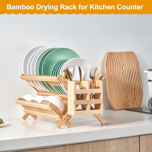 Worthyeah Bamboo Dish Drying Rack, 2 Tier Collapsible Dish Rack with Utensil Holder, Wooden Dish Drying Rack for Kitchen Counter, Large Folding Drying Holder, Dish Drainer 34 pcs Grid - My Kitchen Products