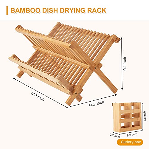 Worthyeah Bamboo Dish Drying Rack, 2 Tier Collapsible Dish Rack with Utensil Holder, Wooden Dish Drying Rack for Kitchen Counter, Large Folding Drying Holder, Dish Drainer 34 pcs Grid - My Kitchen Products