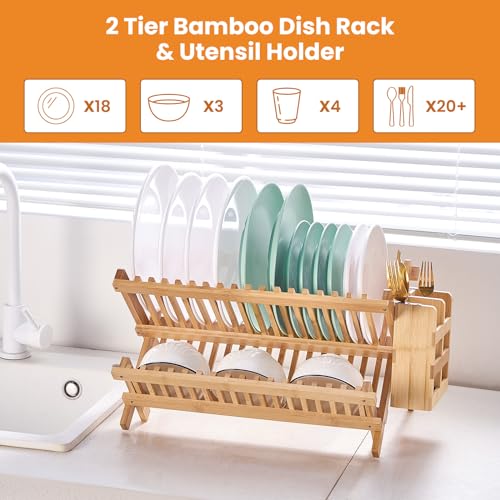 Worthyeah Bamboo Dish Drying Rack, 2 Tier Collapsible Dish Rack with Utensil Holder, Wooden Dish Drying Rack for Kitchen Counter, Large Folding Drying Holder, Dish Drainer 34 pcs Grid - My Kitchen Products