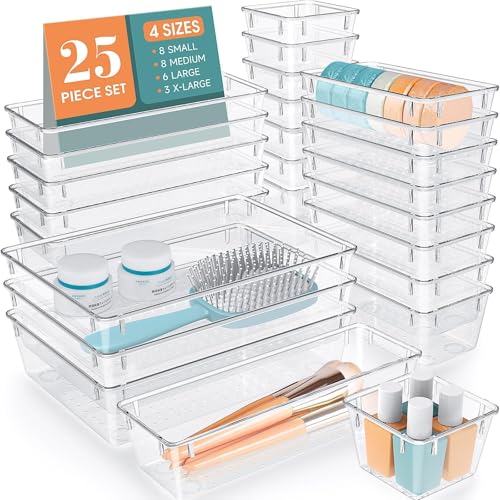 WOWBOX 25 PCS Clear Plastic Drawer Organizer Set, 4 Sizes Desk Drawer Divider Organizers and Storage Bins for Makeup, Jewelry, Gadgets for Kitchen, Bedroom, Bathroom, Office - My Kitchen Products