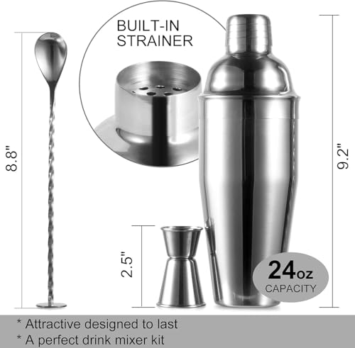 WPHUAW 24oz Cocktail Shaker Bar Set-Professional Margarita Mixer Drink Shaker Professional Stainless Steel Bar Tools Built-in Bartender Strainer for Martini Kit - My Kitchen Products