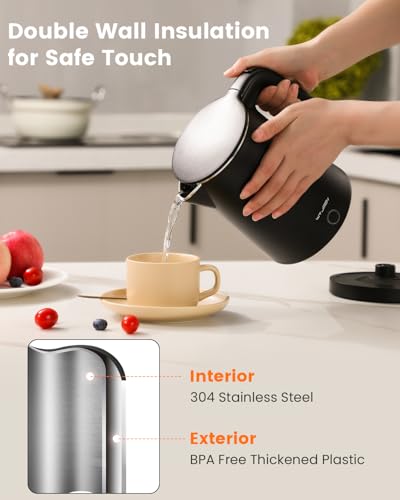 WTJMOV Electric Kettle Stainless Steel, 1.0L Small Water Boiler 1200W Fast Boiling, Double Wall Tea Kettle Pot Automatic Shut Off, Durable Coffee & Tea Maker/Warmer/Heater Black - My Kitchen Products