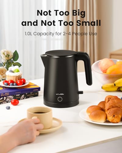 WTJMOV Electric Kettle Stainless Steel, 1.0L Small Water Boiler 1200W Fast Boiling, Double Wall Tea Kettle Pot Automatic Shut Off, Durable Coffee & Tea Maker/Warmer/Heater Black - My Kitchen Products