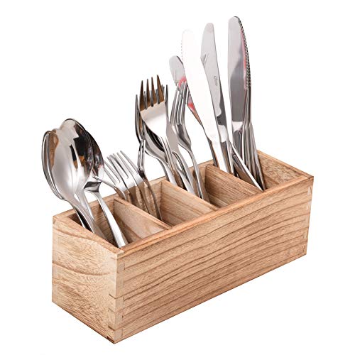 WuGeShop Wood Cutlery Caddy, Kitchen Utensil Organizer with 4 Compartments, Silverware Storage Kitchen Countertop Flatware Organizer - My Kitchen Products