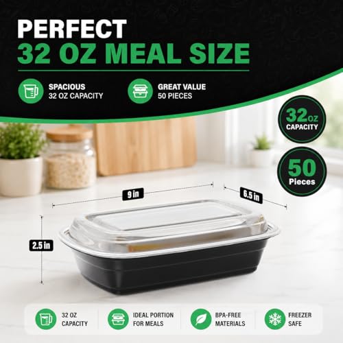 WUHUIXOZ Meal Prep Container, 50 Pack 32 oz Food Storage Containers with Lids, Disposable Bento Box Reusable Plastic Lunch Box, BPA Free Take-Out Box Microwave Dishwasher Freezer Safe - My Kitchen Products