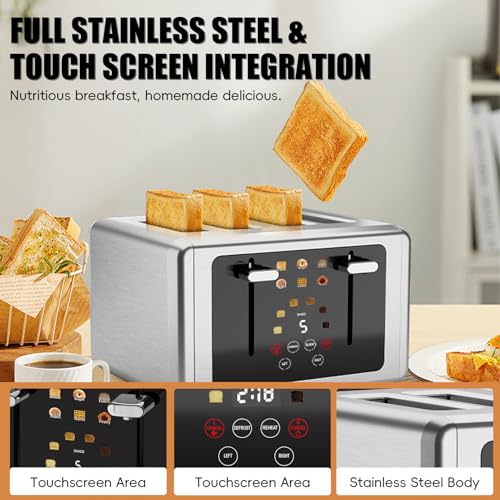 WUNLY Smart Digital 4 Slice Toaster with Touchscreen,Extra Wide 1.5" Slots for Bagel, 6 Bread & Browning Settings, Defrost/Reheat & Sound Control,Silver - My Kitchen Products