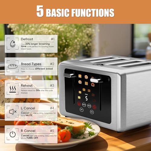 WUNLY Smart Digital 4 Slice Toaster with Touchscreen,Extra Wide 1.5" Slots for Bagel, 6 Bread & Browning Settings, Defrost/Reheat & Sound Control,Silver - My Kitchen Products