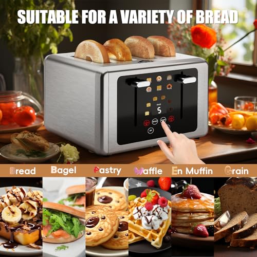 WUNLY Smart Digital 4 Slice Toaster with Touchscreen,Extra Wide 1.5" Slots for Bagel, 6 Bread & Browning Settings, Defrost/Reheat & Sound Control,Silver - My Kitchen Products