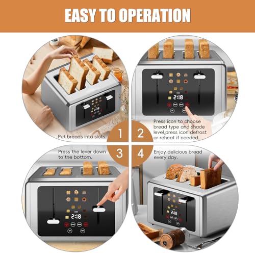 WUNLY Smart Digital 4 Slice Toaster with Touchscreen,Extra Wide 1.5" Slots for Bagel, 6 Bread & Browning Settings, Defrost/Reheat & Sound Control,Silver - My Kitchen Products