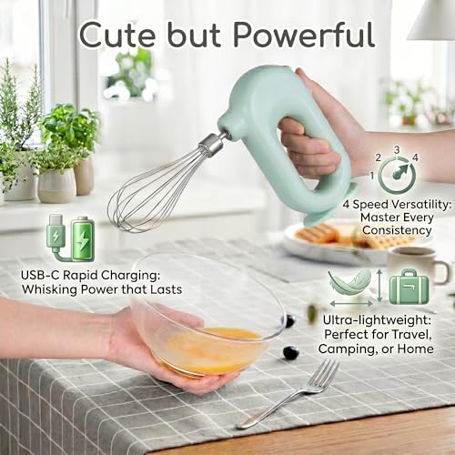 Wynboop Colorful Mini Cordless Hand Mixer, Self-Standing USB Rechargeable Handheld Egg Beater with 4 Speeds & 2 Whisks, Lightweight Portable Electric Whisk for Kitchen Baking and Cooking(White) - My Kitchen Products