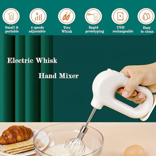 Wynboop Colorful Mini Cordless Hand Mixer, Self-Standing USB Rechargeable Handheld Egg Beater with 4 Speeds & 2 Whisks, Lightweight Portable Electric Whisk for Kitchen Baking and Cooking(White) - My Kitchen Products